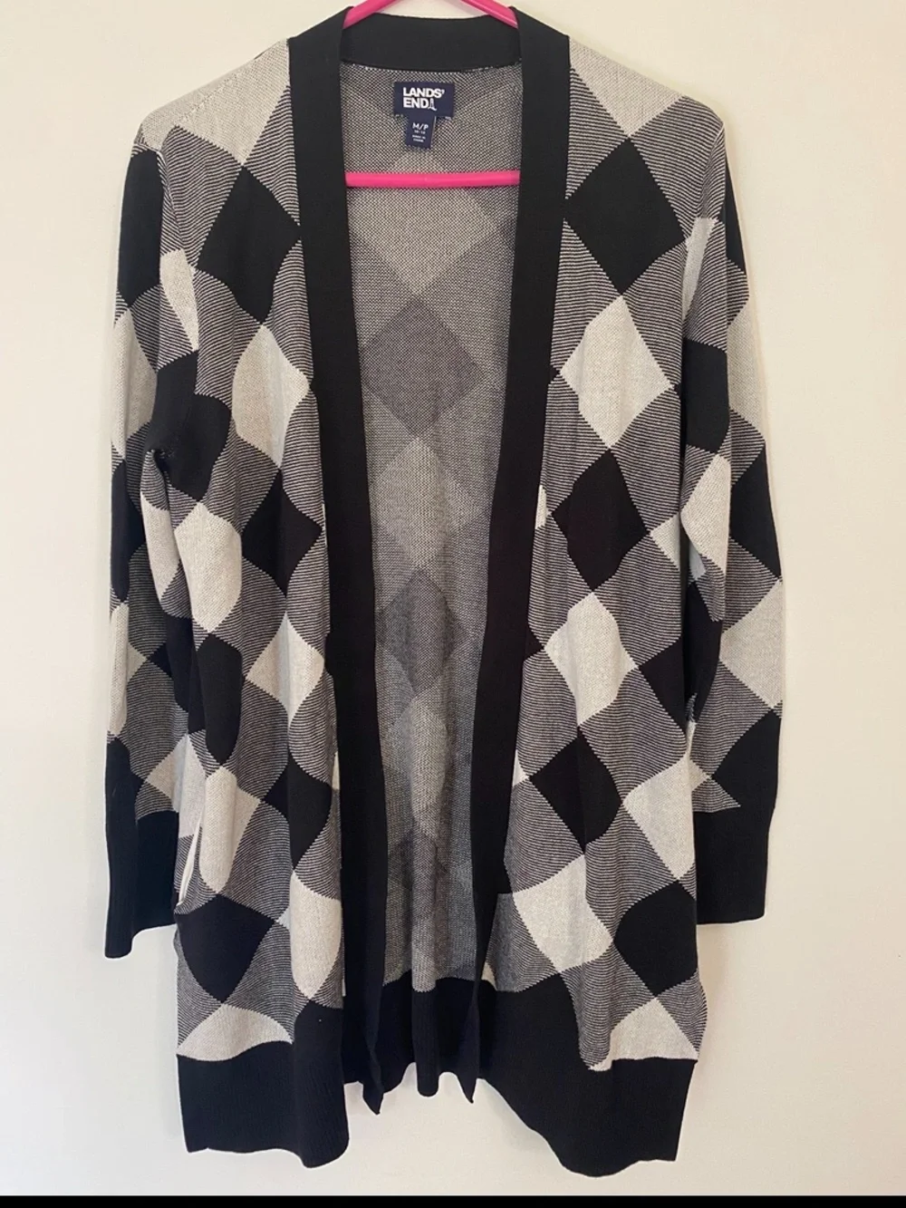 NEW Land’s End Cotton Open front Cardigan sweater black & white buffalo check